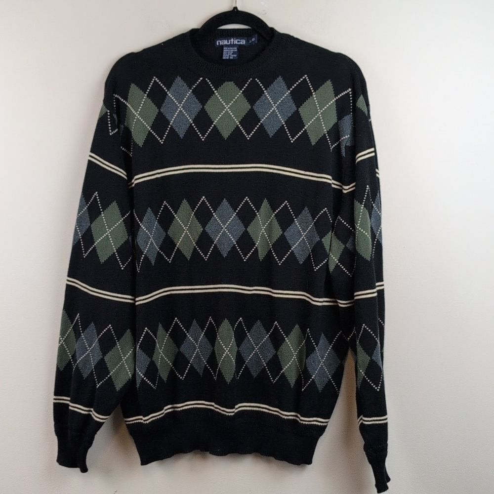 Nautica Men's Black Argyle Cotton Sweater Size L Grandpa Classic Preppy Pullover